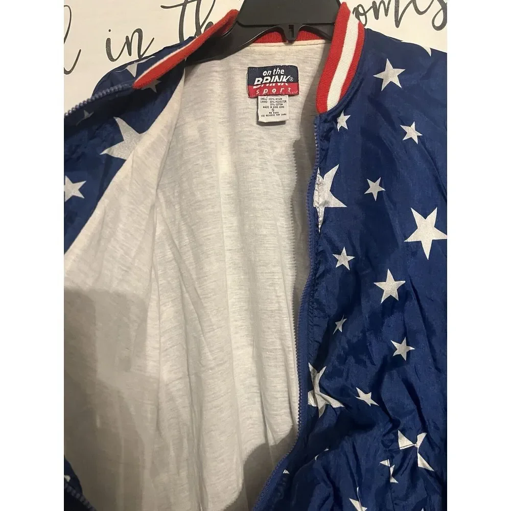 Vintage On The Brink Jacket Unisex Small White Red Blue‎ Stars Windbreaker Lined